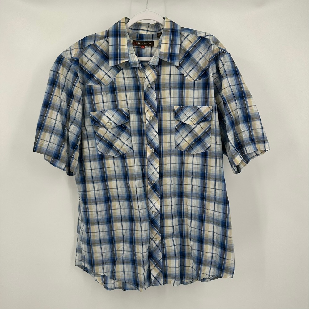 Roper Mens Blue Plaid Pearl Snap Western Short Sleeve Shirt Size XL Cowboy Ranch